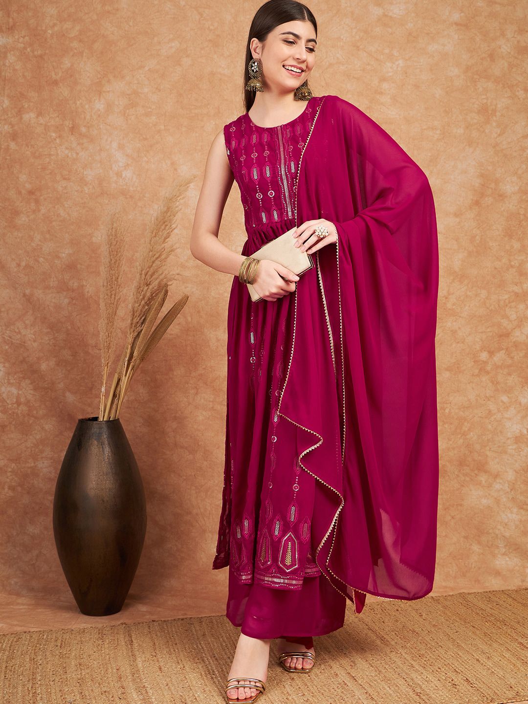 Dhiyona SN Pink Ethnic Motifs Embroidered Sequined Straight Kurta & Palazzo With Dupatta Set