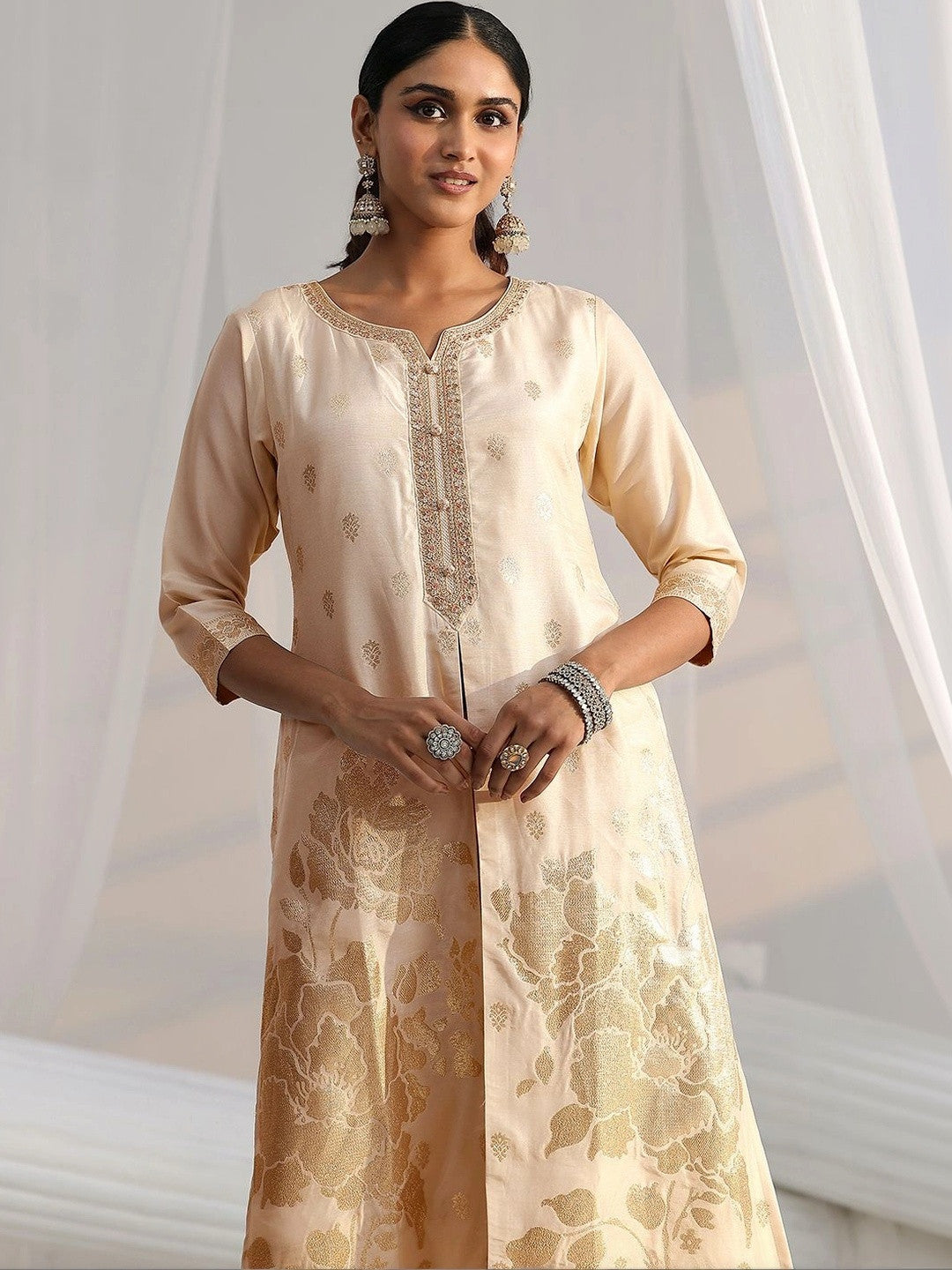 Cream Woven Design Front Slit Silk Blend Straight Suit Set