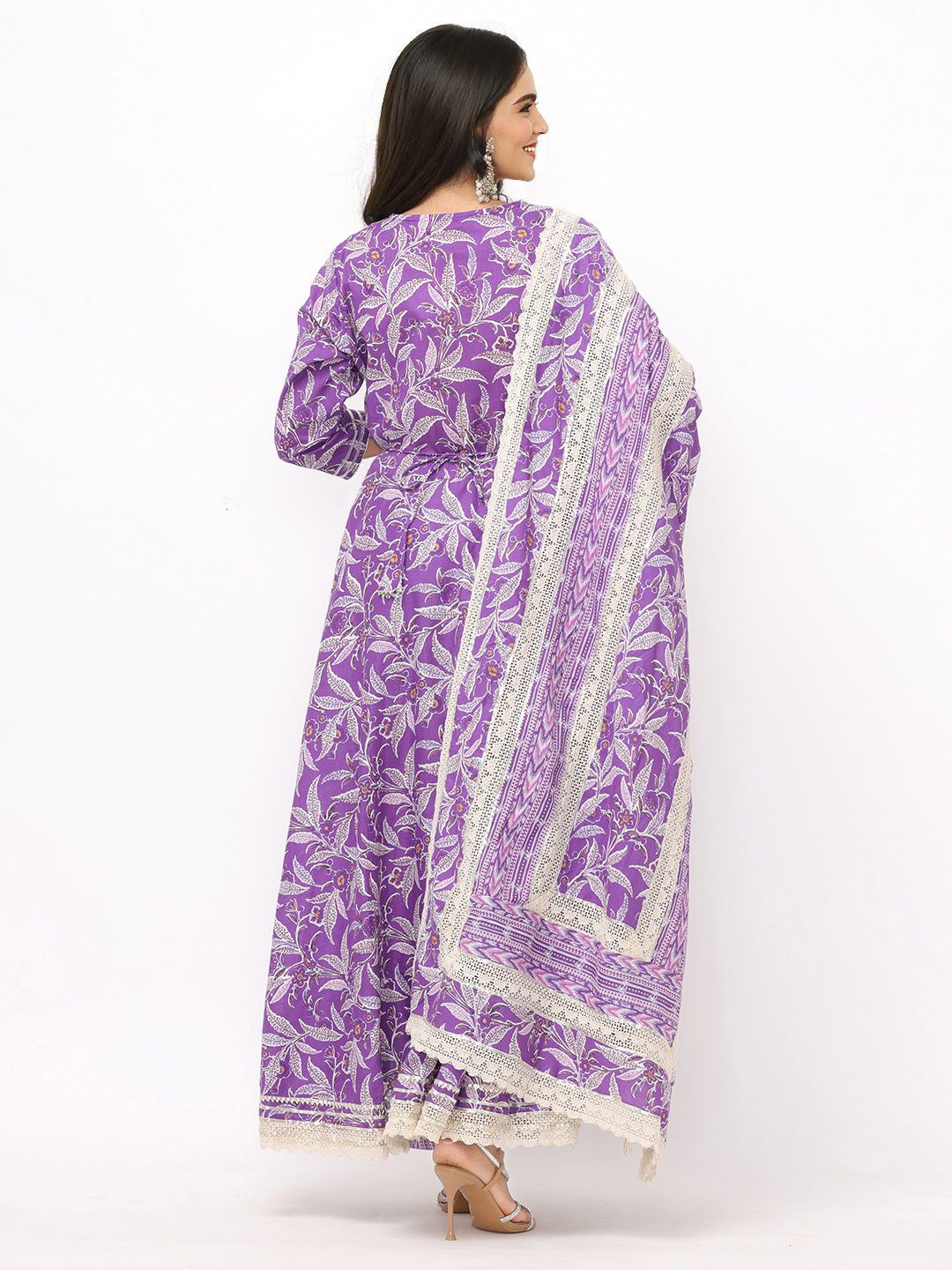 Dhiyona IS Women's Floral Printed Angrakha Thread Work Pure Cotton Kurta with Trousers & Dupatta