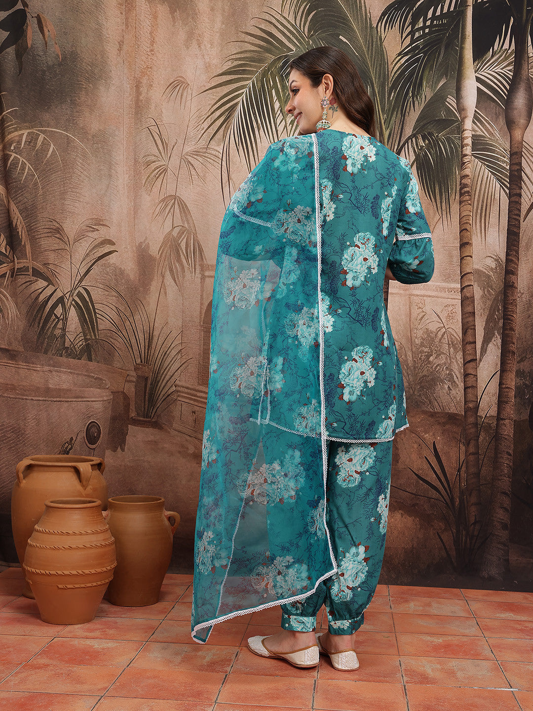 Floral Printed Yoke Design Kurti With Patiala & Dupatta