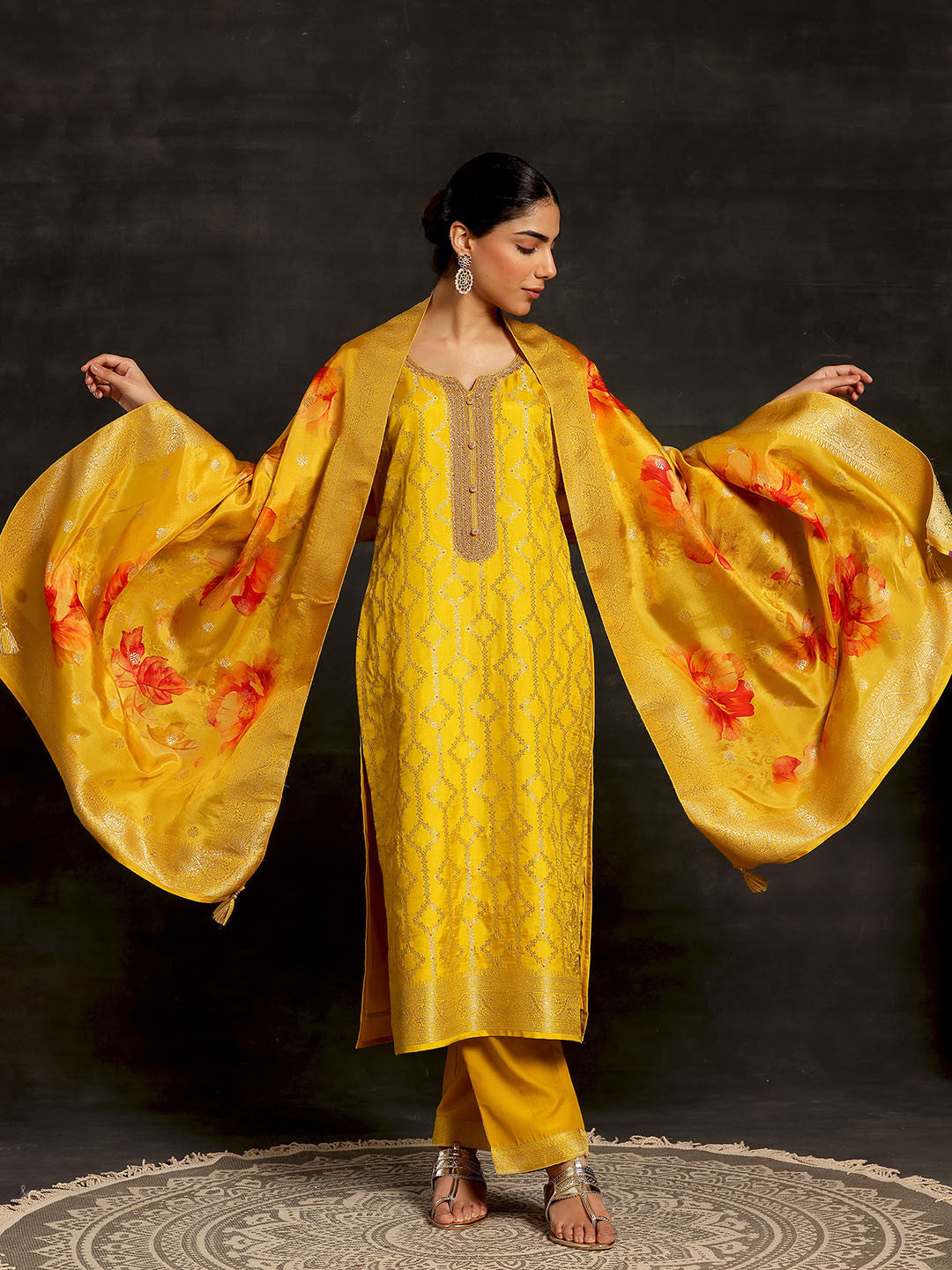 Notched Neck Regular Kurta with Trousers & With Dupatta