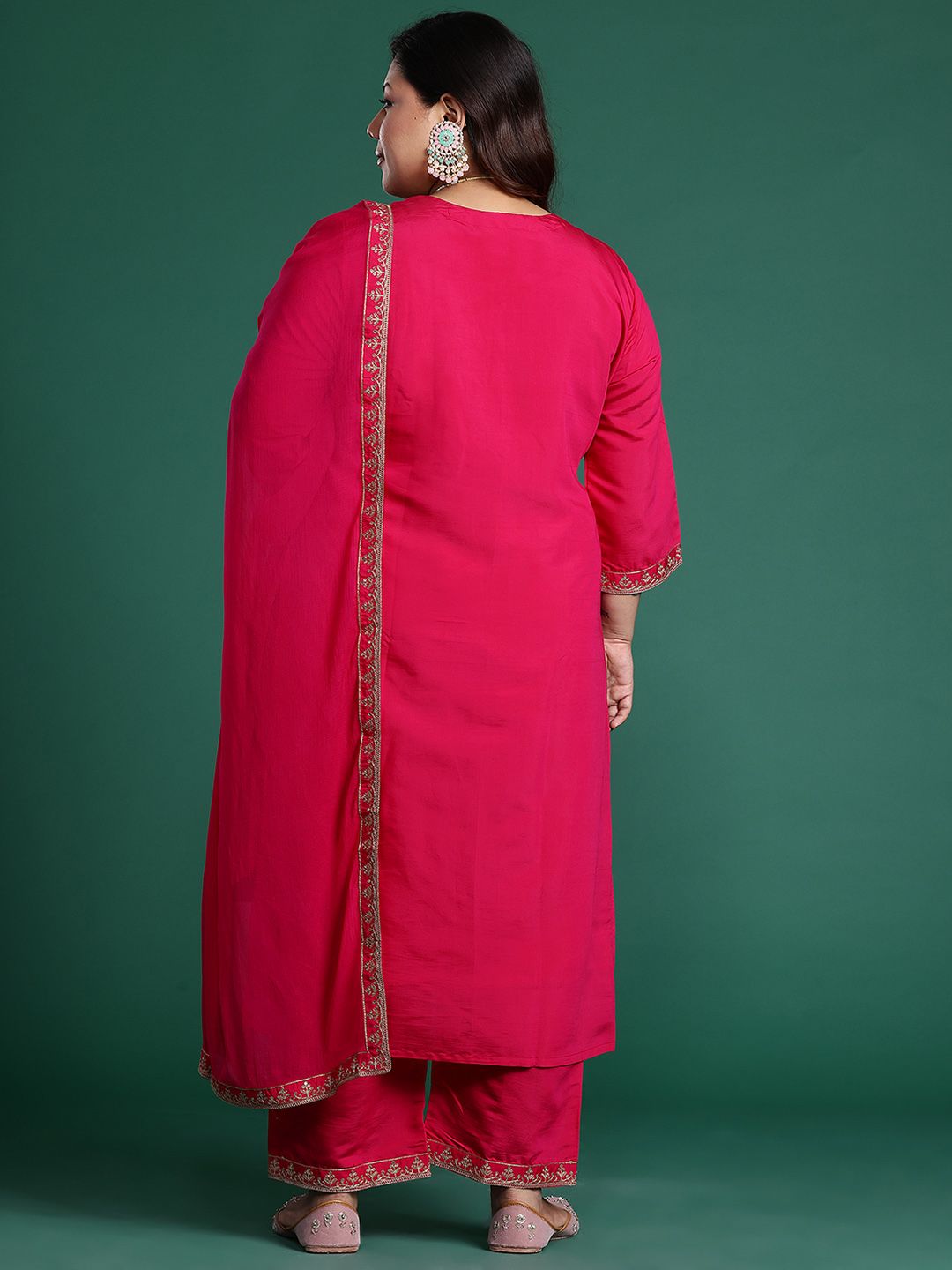 Dhiyona Women's Plus Size Ethnic Motifs Embroidered Sequinned Kurta with Trousers & With Dupatta