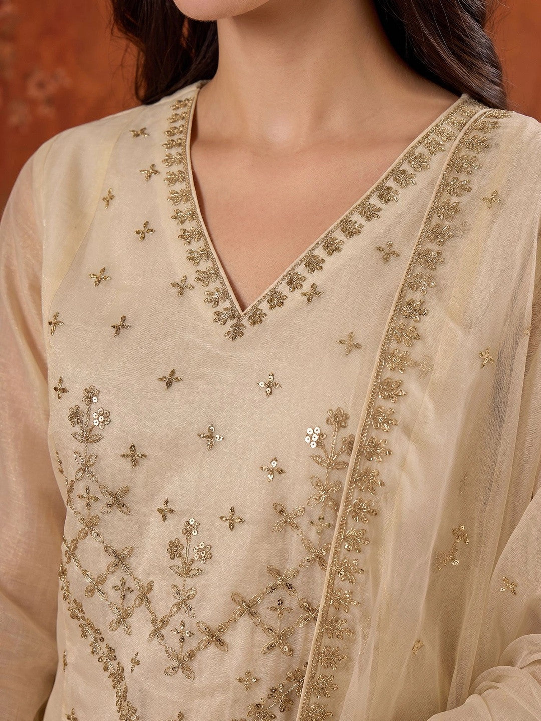 Embroidered V-Neck Kurta & Trousers With Dupatta