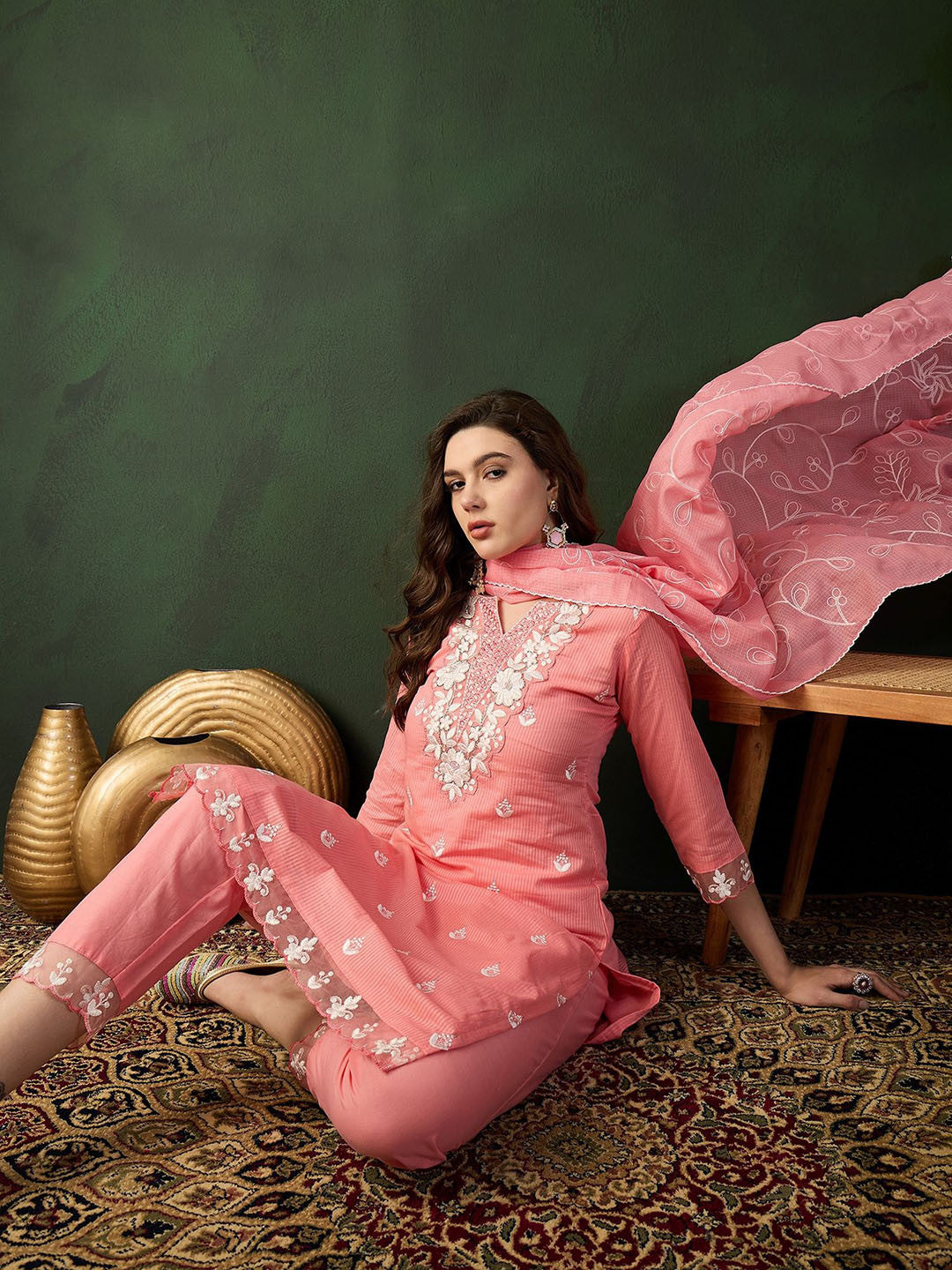Lucknowi Handwork Embroidered Pure Cotton Straight Kurta Sets With Dupatta
