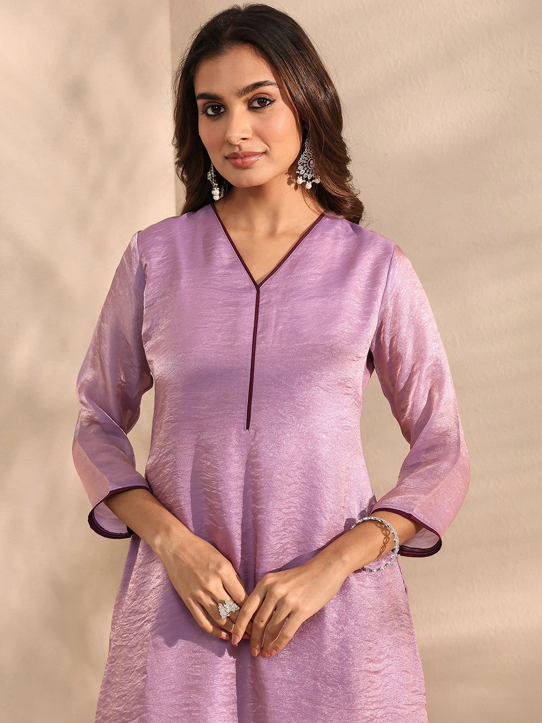 Purple Solid Silk Blend A-Line Kurta Set