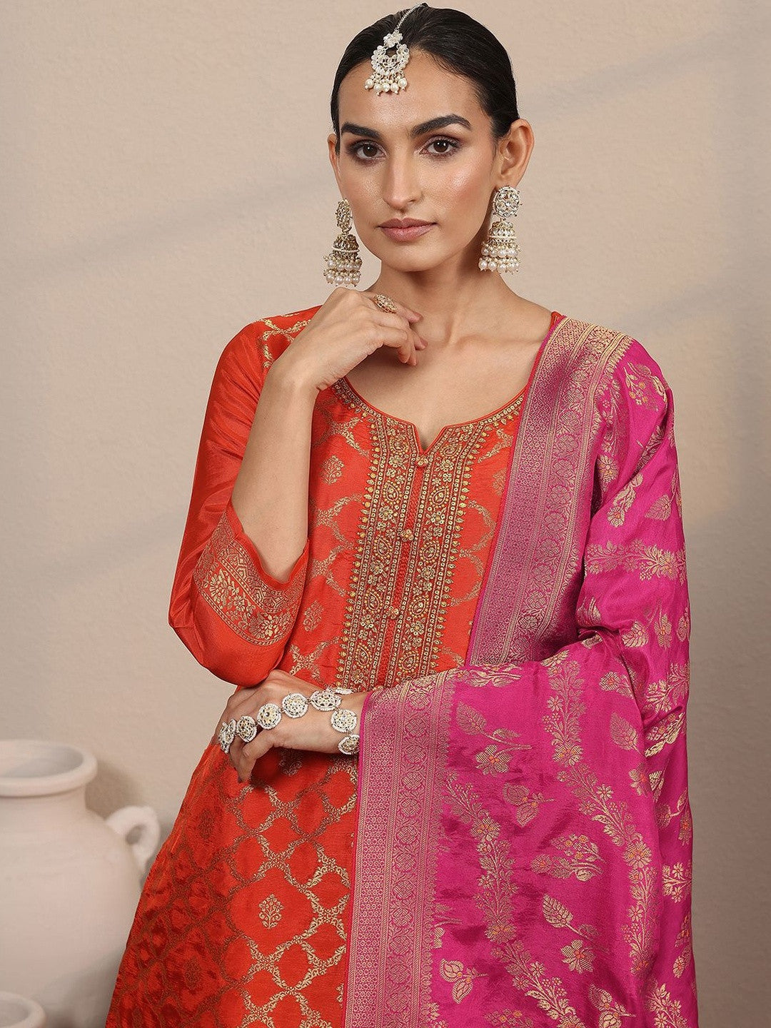 Orange Floral Zari Woven Design Straight Kurta with Solid trouser & Duppatta