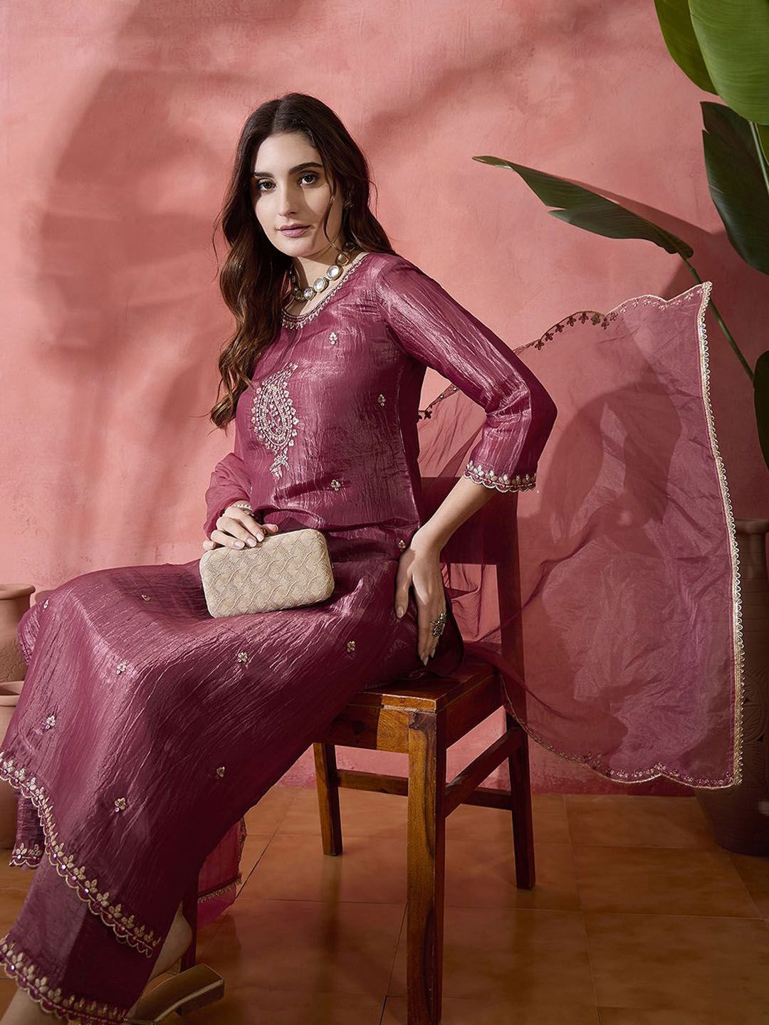 Dhiyona SN Pink Floral Embroidered Mirror Work Straight Kurta With Palazzo And Dupatta