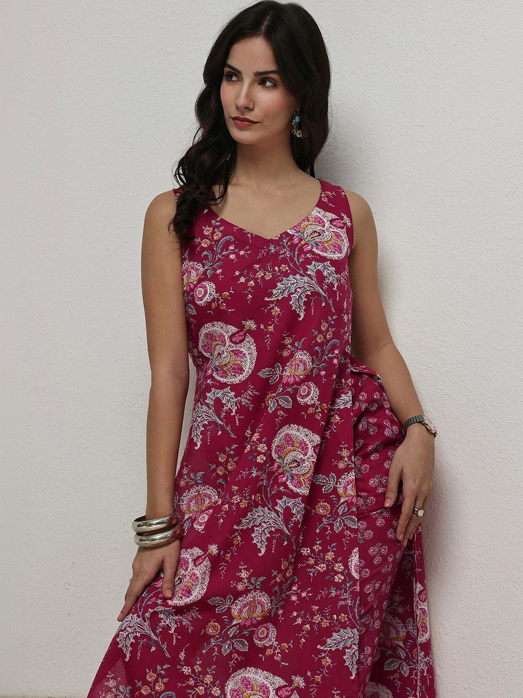Red Floral Printed Cotton Straight Kurta Set