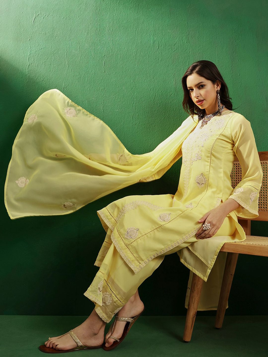 Dhiyona SN Yellow & White Embroidered Organza Panelled Straight Kurta With Palazzos & Dupatta