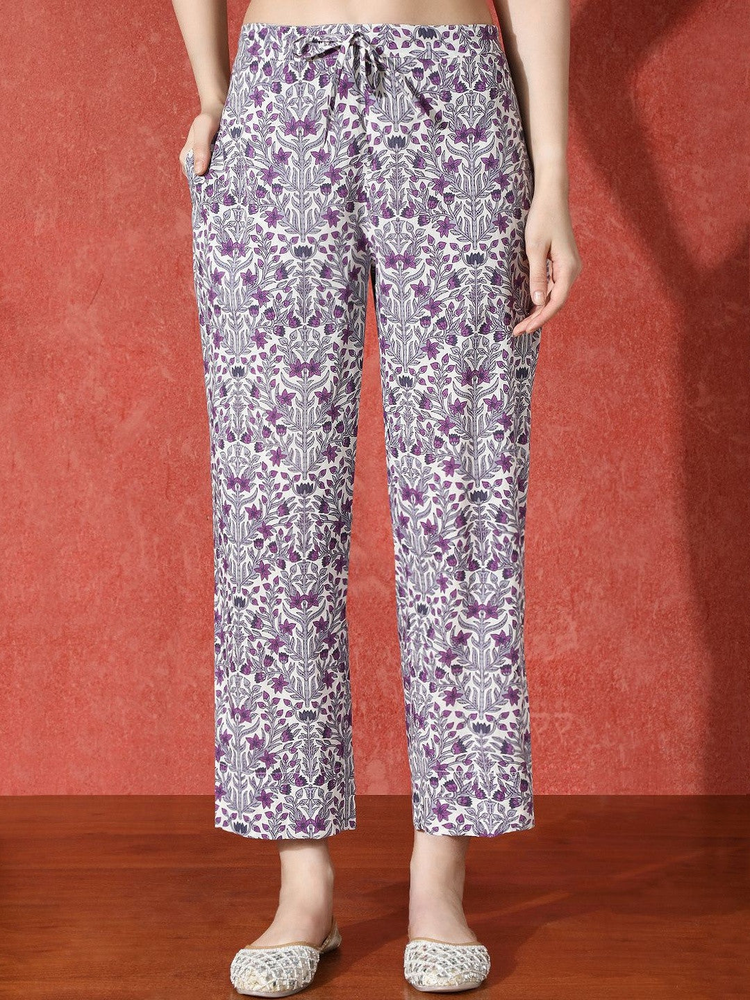Printed Pure Cotton V-Neck Kurta Trousers & Dupatta