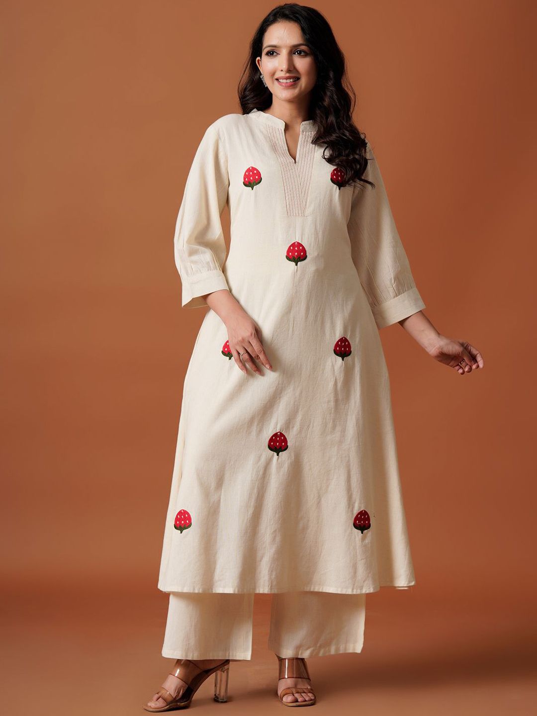 Dhiyona IE Embroidered Mandarin Collar Pure Cotton A-Line Top With Trousers
