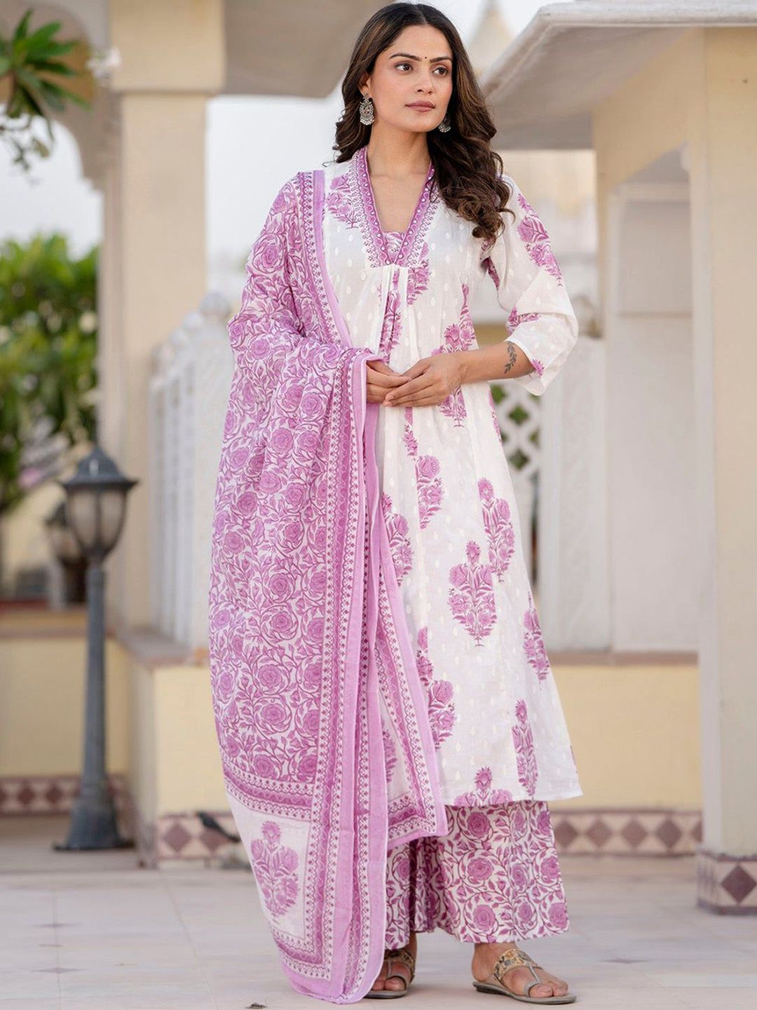 Dhiyona KL Floral Printed Pleated Pure Cotton A-Line Kurta with Palazzos & Dupatta