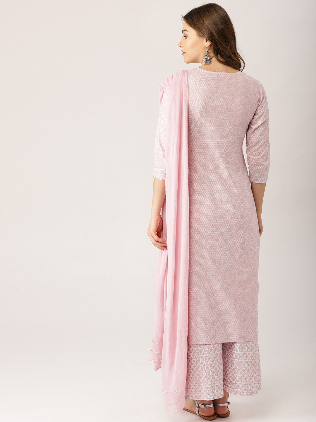 Women Pink & Silver Printed Kurta with Palazzos & Dupatta