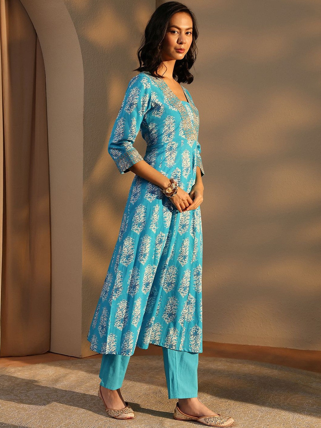 Blue Floral Printed Cotton A-line Suit Set