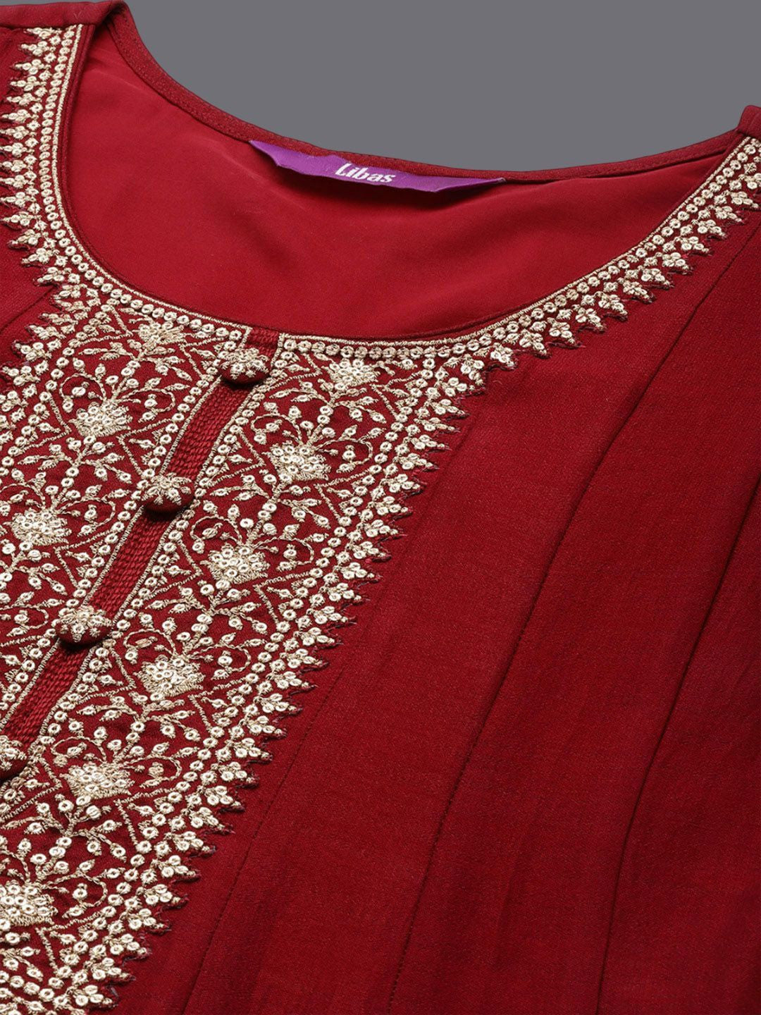 Womens Maroon Yoke Design Anarkali Kurta With Churidar & Dupatta