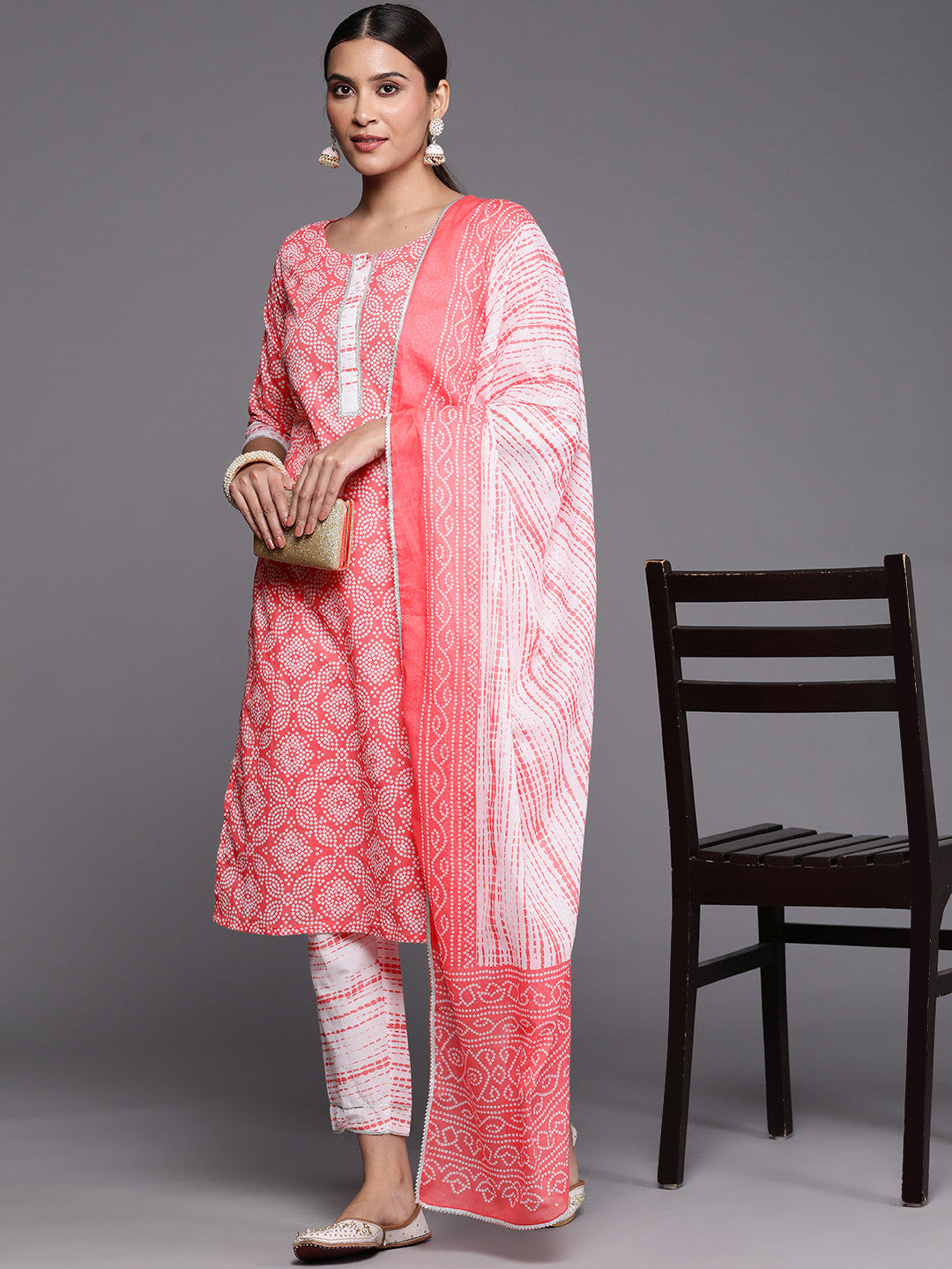 Women Peach-Coloured Bandhani Printed Gotta Patti Pure Cotton Kurta with Trousers & With Dupatta