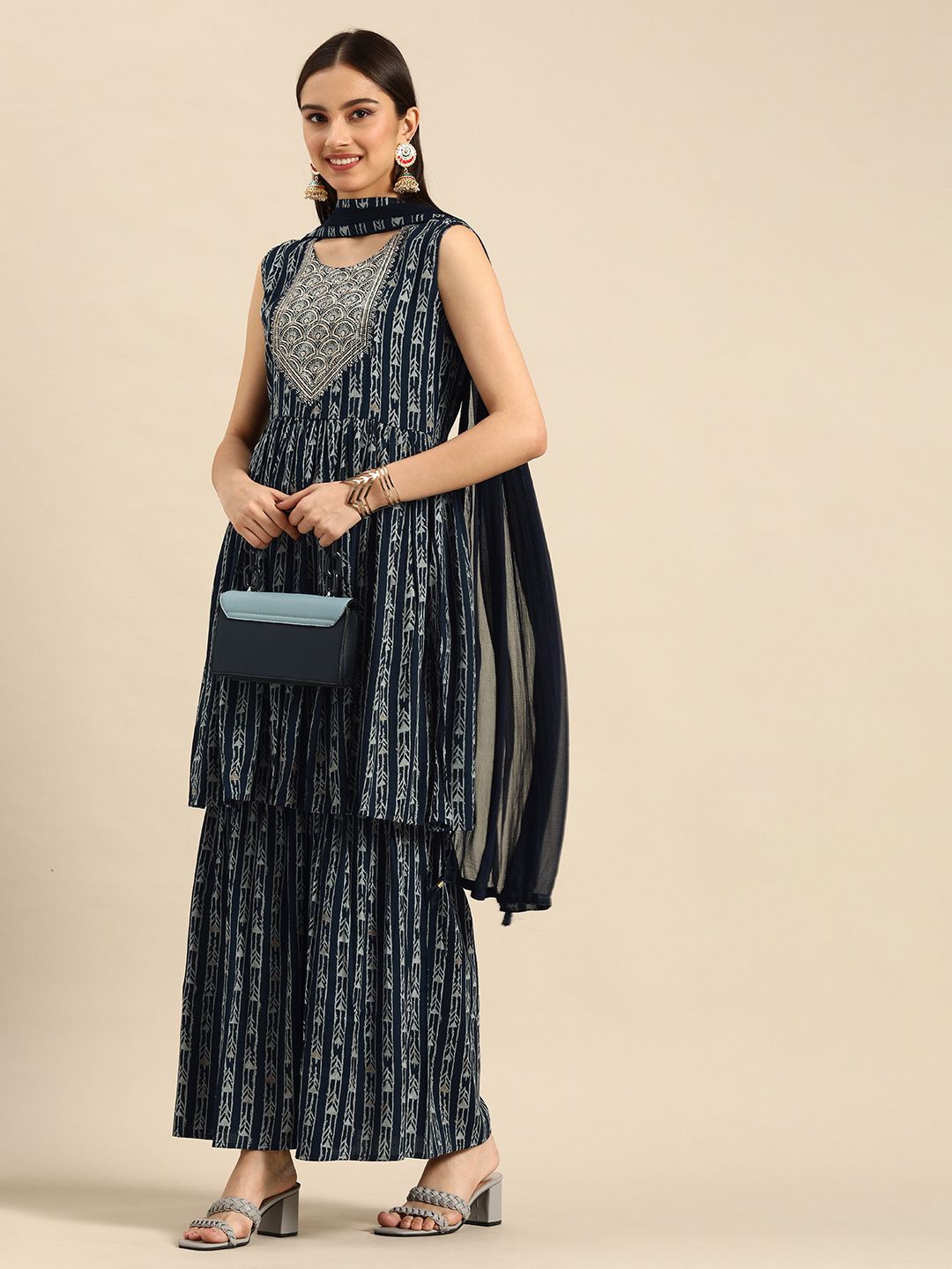 Dhiyona AN Women Navy Blue Ethnic Motifs Printed Sequinned Kurta with Sharara & Dupatta