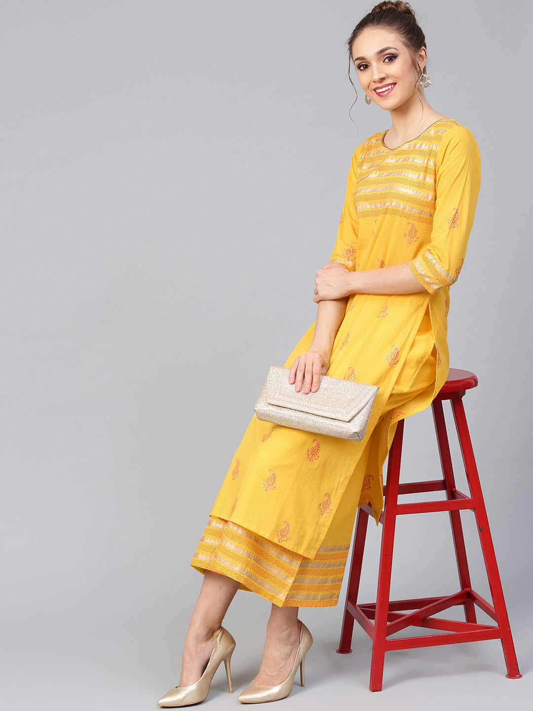 Women Yellow Block Print Kurta with Palazzos