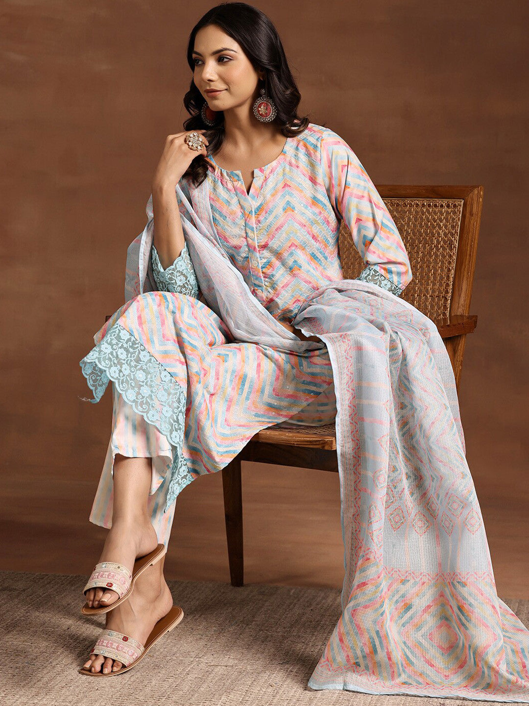 Embroidered Regular Thread Work Straight Kurta with Palazzos & Dupatta