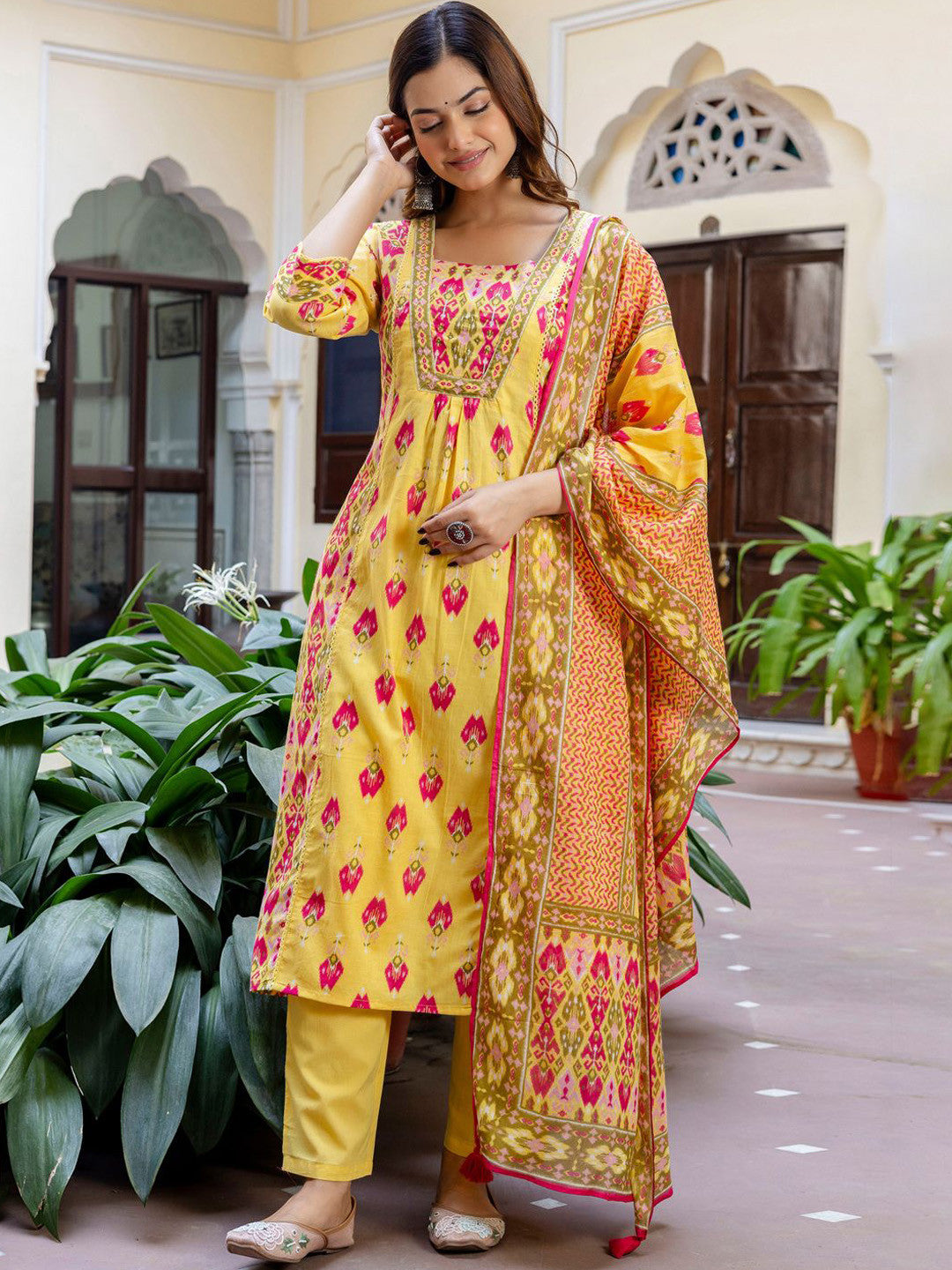 Women Printed Panelled Sequinned Pure Cotton Kurta with Trousers & With Dupatta