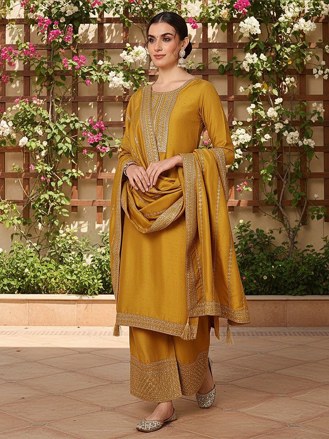 Dhiyona KL Floral Embroidered Sequinned Kurta With Palazzos & Dupatta