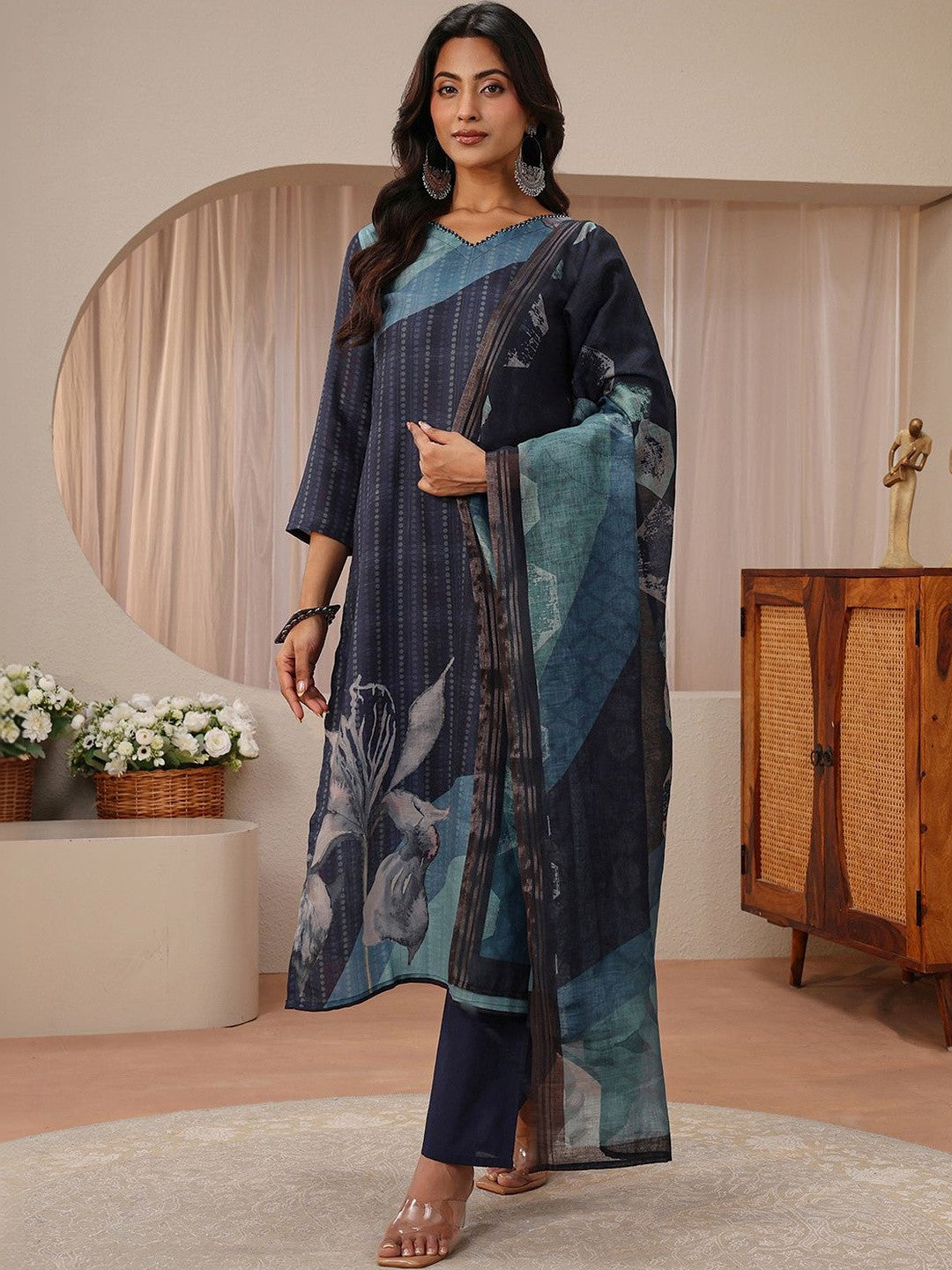 Blue Floral Printed Linen Straight Suit Set