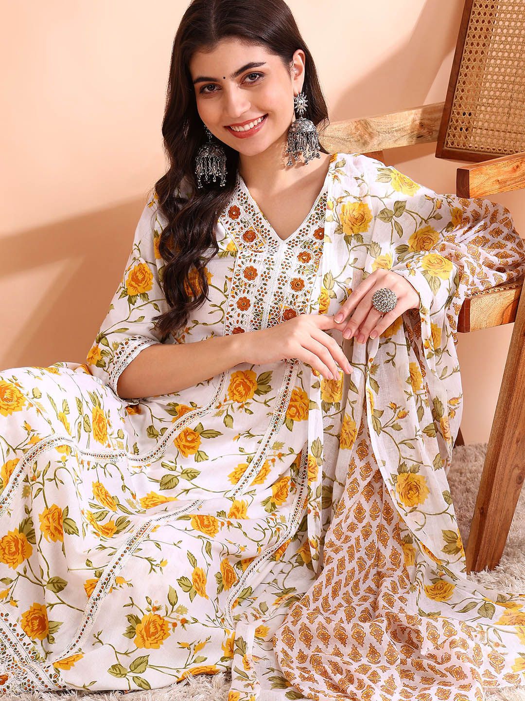 Dhiyona OD Thread Work Pure Cotton Anarkali Kurta with Trousers & Dupatta