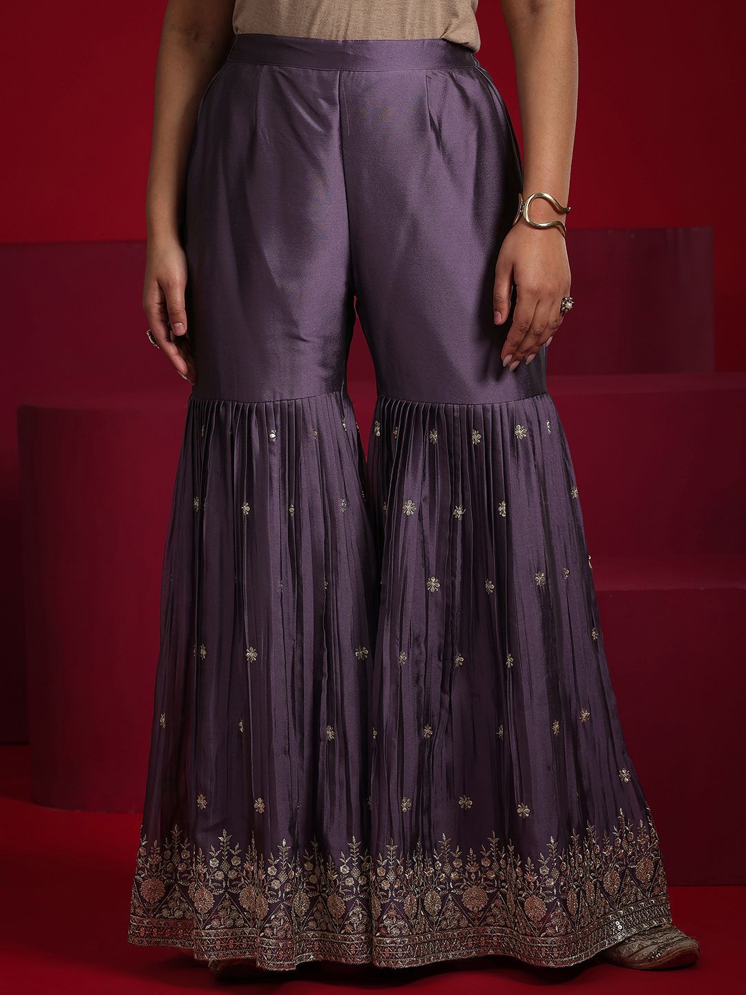 Dhiyona LL Floral Embroidered Sequinned Anarkali Kurta With Sharara & Dupatta