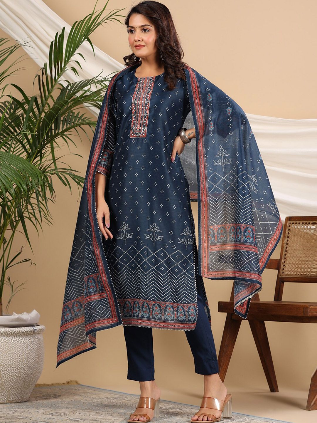 Dhiyona RR Women's Bandhani Printed Sequinned Kurta with Trousers & Dupatta