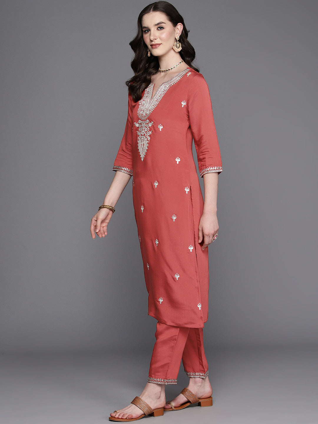 Floral Embroidered Regular Sequinned Kurta With Trousers & Dupatta