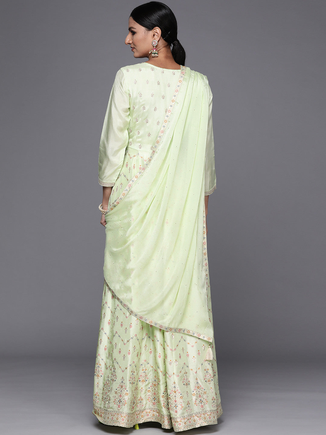 Womens Green Embroidered Anarkali Kurta With Churidar & Dupatta