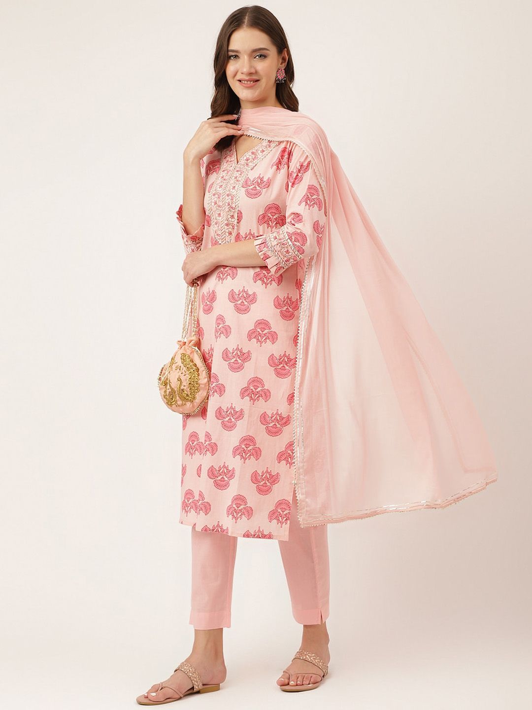 Dhiyona KL Floral Printed Regular Gotta Patti Pure Cotton Kurta With Trousers & Dupatta