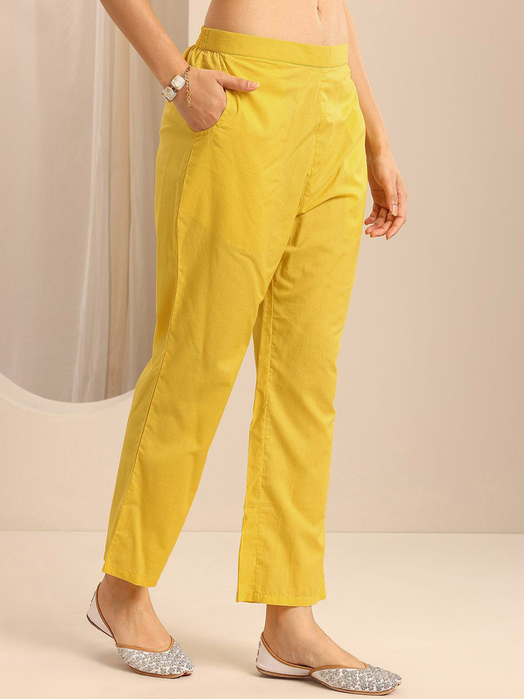 Womens Yellow Printed Cotton Anarkali Kurta With Trousers & Dupatta