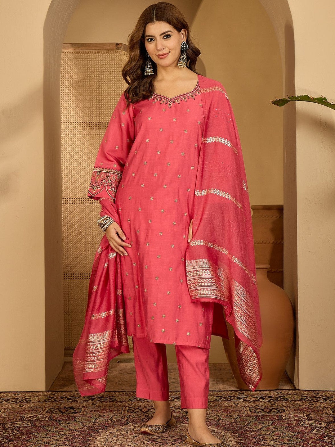 Women Ethnic Motifs Embroidered Regular Kurta & Trousers With Dupatta
