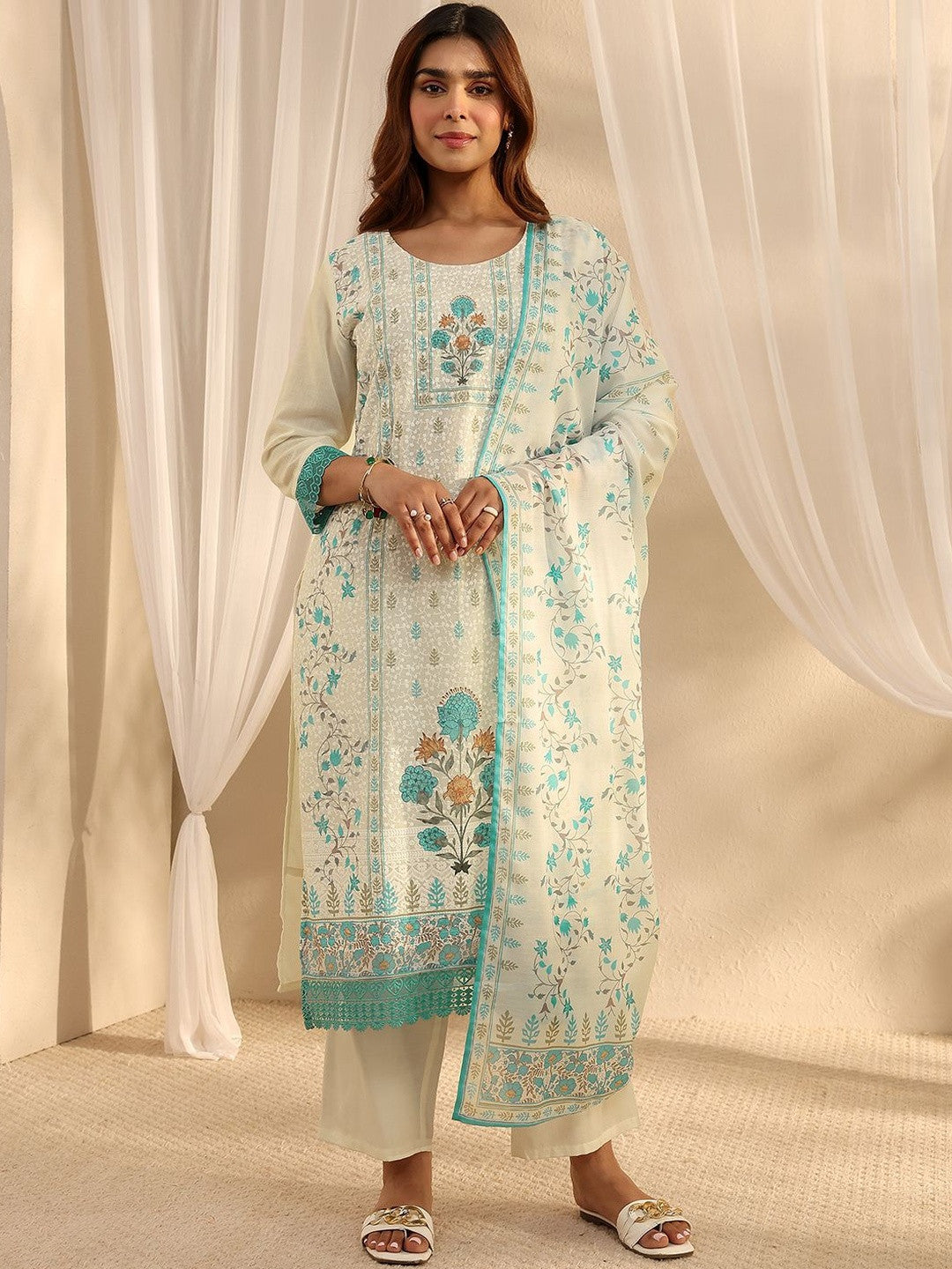 White Floral Printed Straight Suit Set with Dupatta