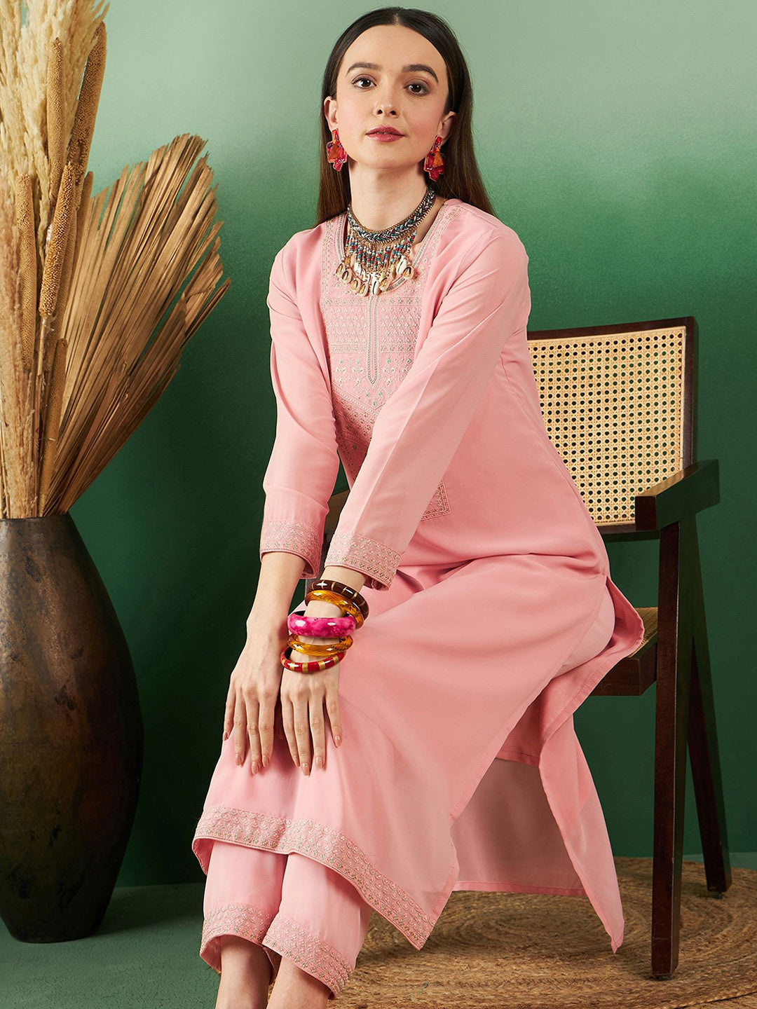 Embroidered Straight Kurta & Trousers