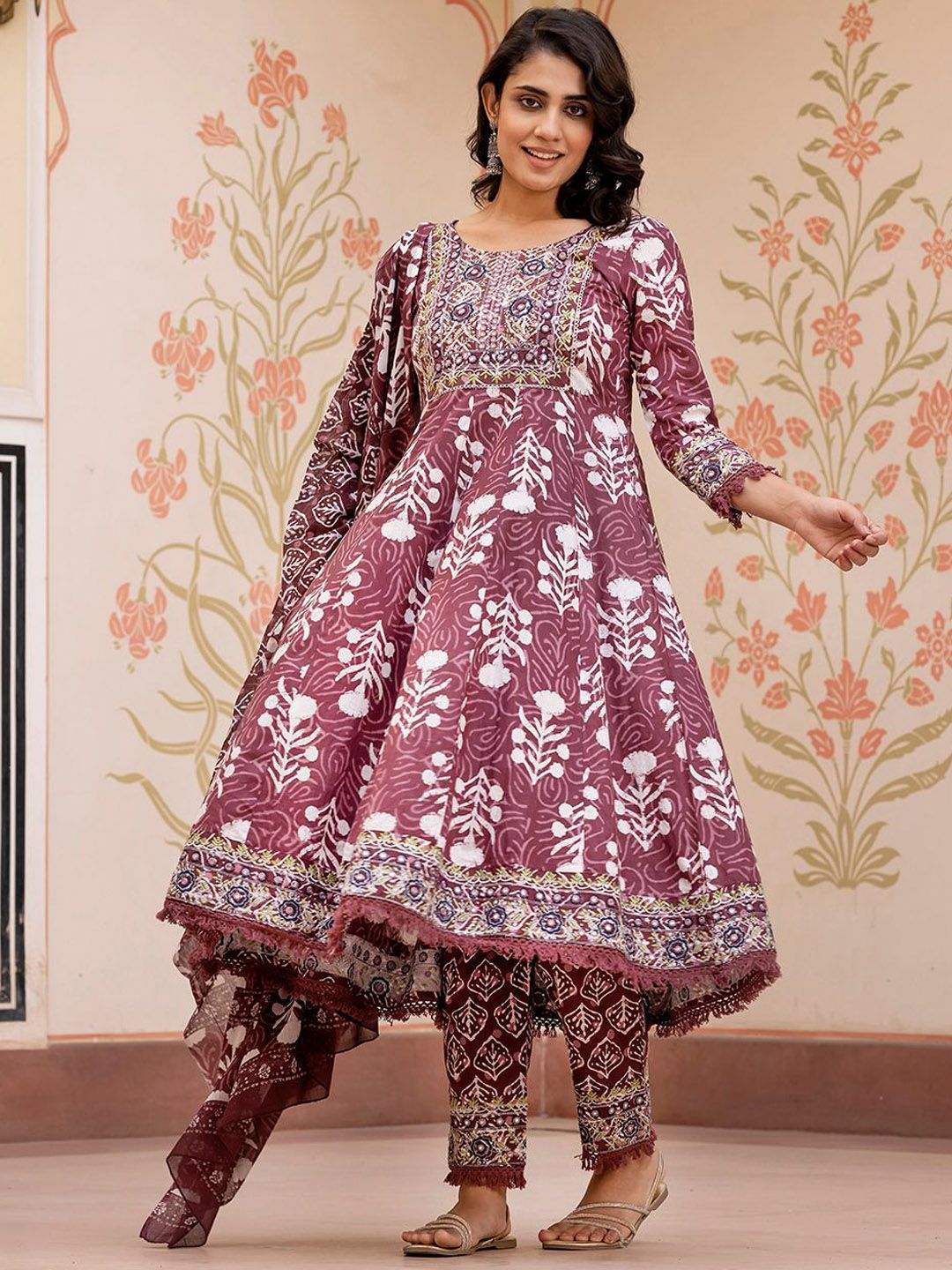 Dhiyona KL Floral Printed Mirror Work Pure Cotton Anarkali Kurta With Trouser & Dupatta
