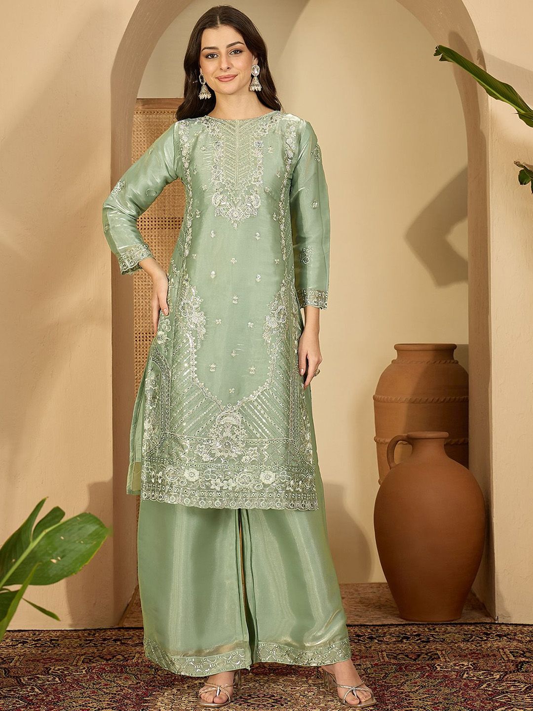 Dhiyona SN Women Floral Embroidered Silk Kurta with Palazzos & Dupatta