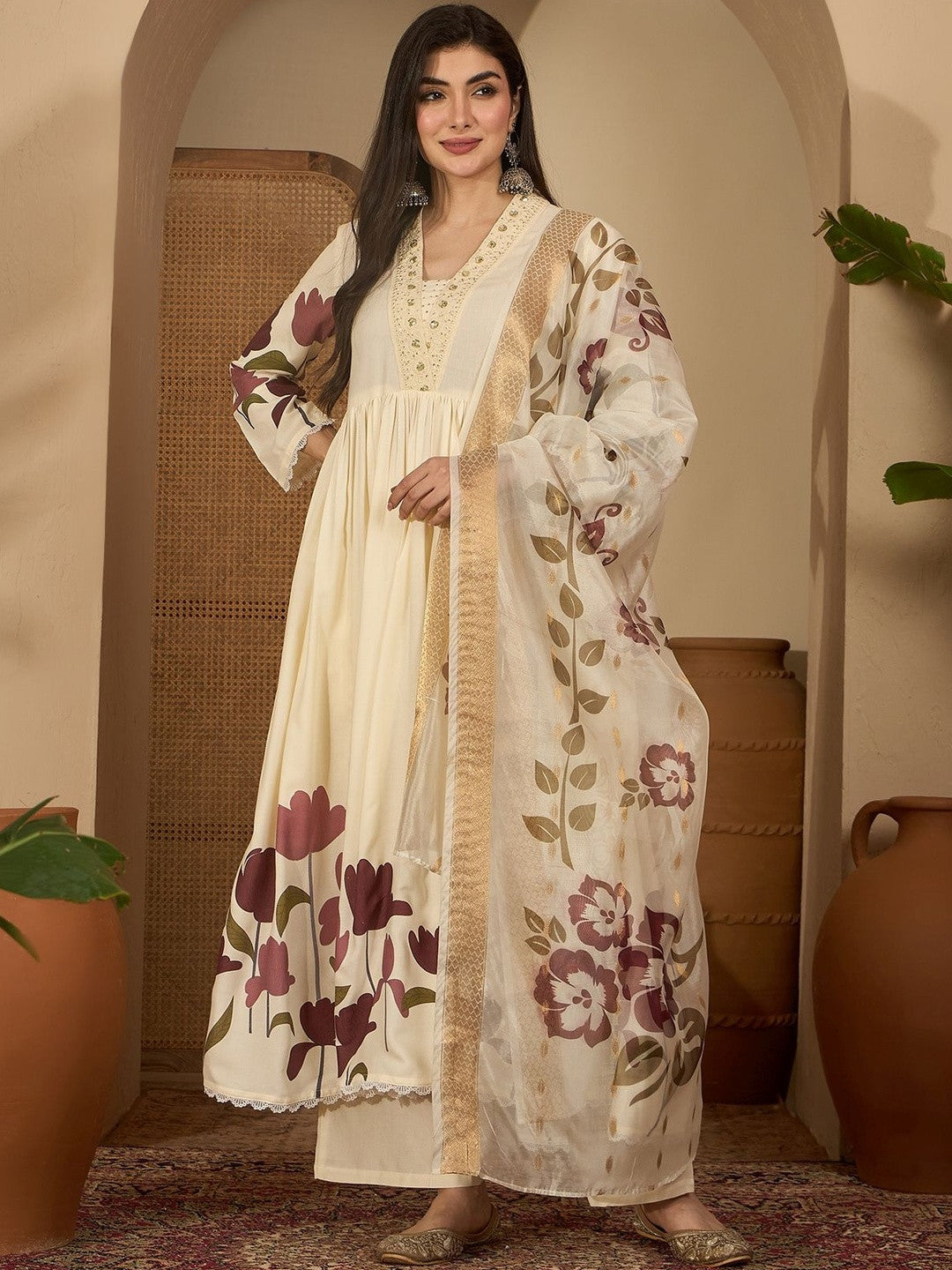 Women Floral Printed Empire Thread Work Kurta with Palazzos & With Dupatta
