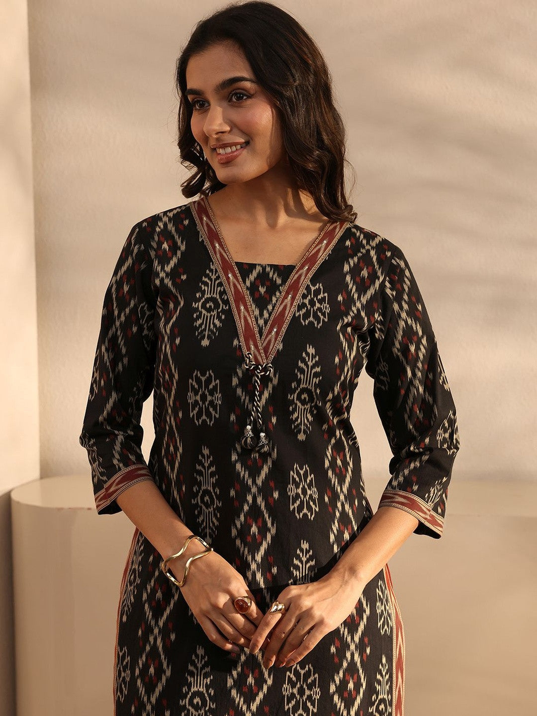 Black Ethnic Printed Cotton Straight Suit Set with Dupatta