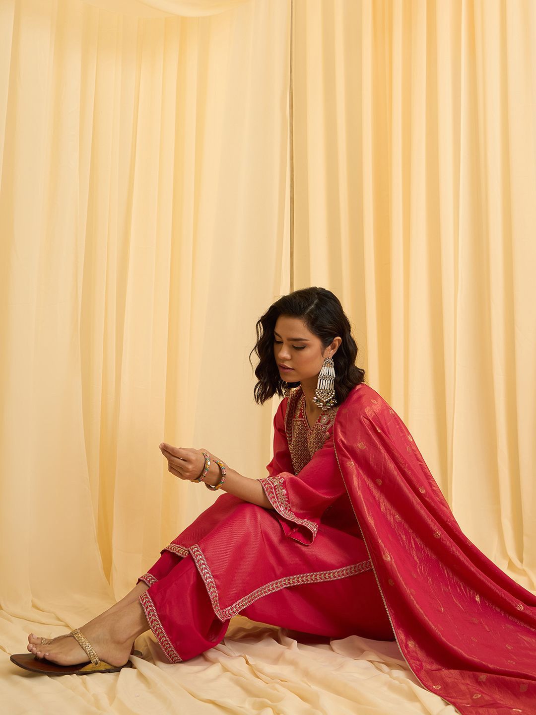Dhiyona CH Floral Yoke Design Sequinned Straight Kurta With Palazzos & Dupatta
