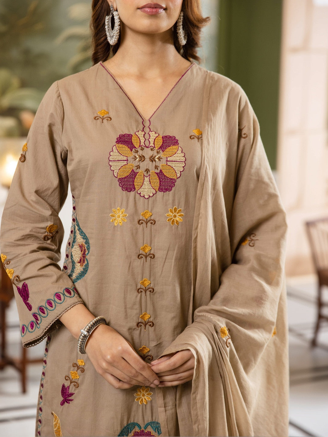 Embroidered Pure Cotton V-Neck Kurta Trousers & Dupatta