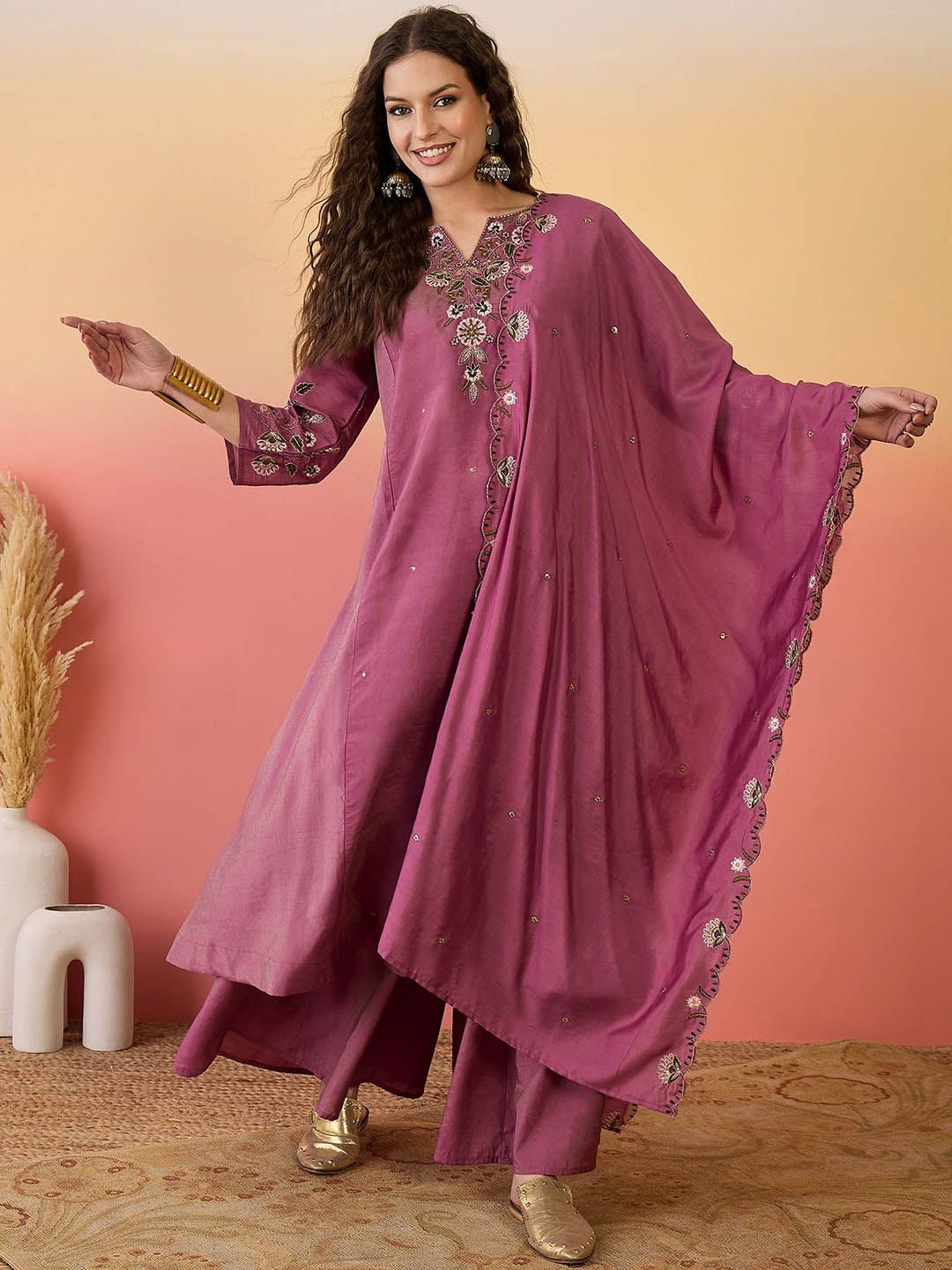 Dhiyona SN Women Embroidered Anarkali Kurta With Palazzo & Dupatta