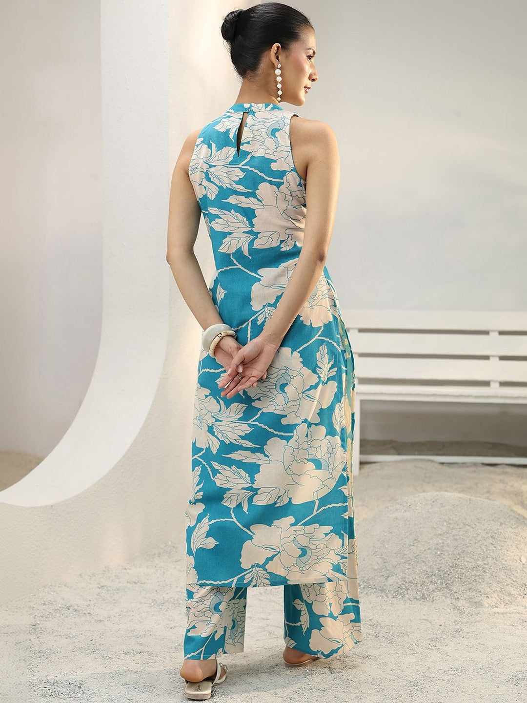 Blue Floral Printed Cotton Straight Kurta Set