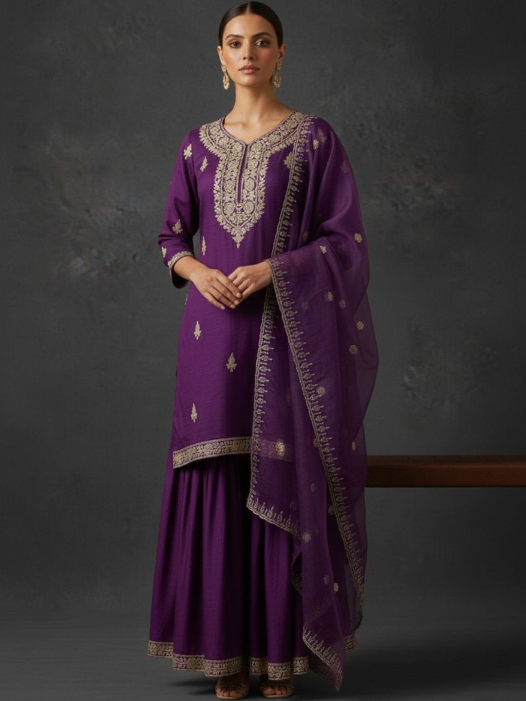 Dhiyona VA Women Ethnic Motifs Embroidered Regular Thread Work Kurta with Sharara & With Dupatta