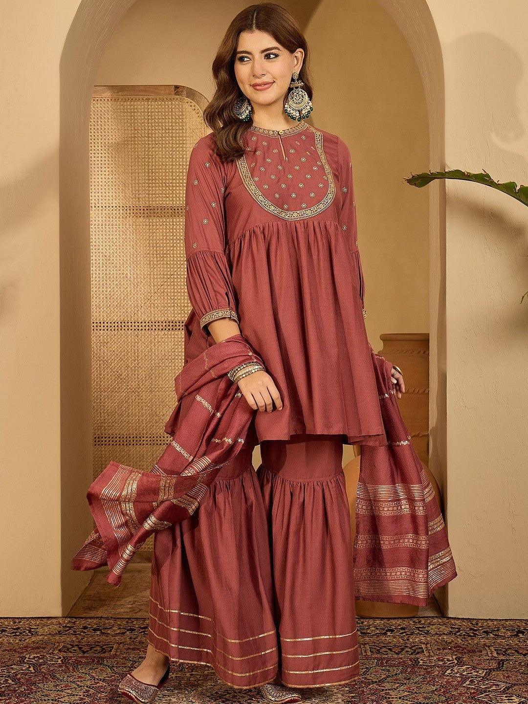 Women Maroon Embroidered Kurta Sets With Dupatta