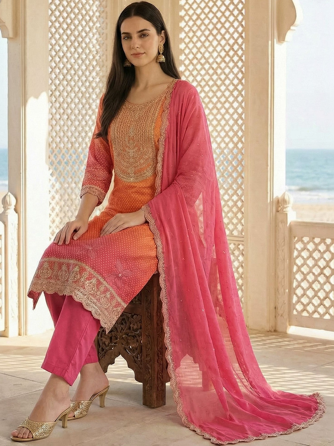 Women Ombre Printed Regular Kurta with Trousers & With Dupatta