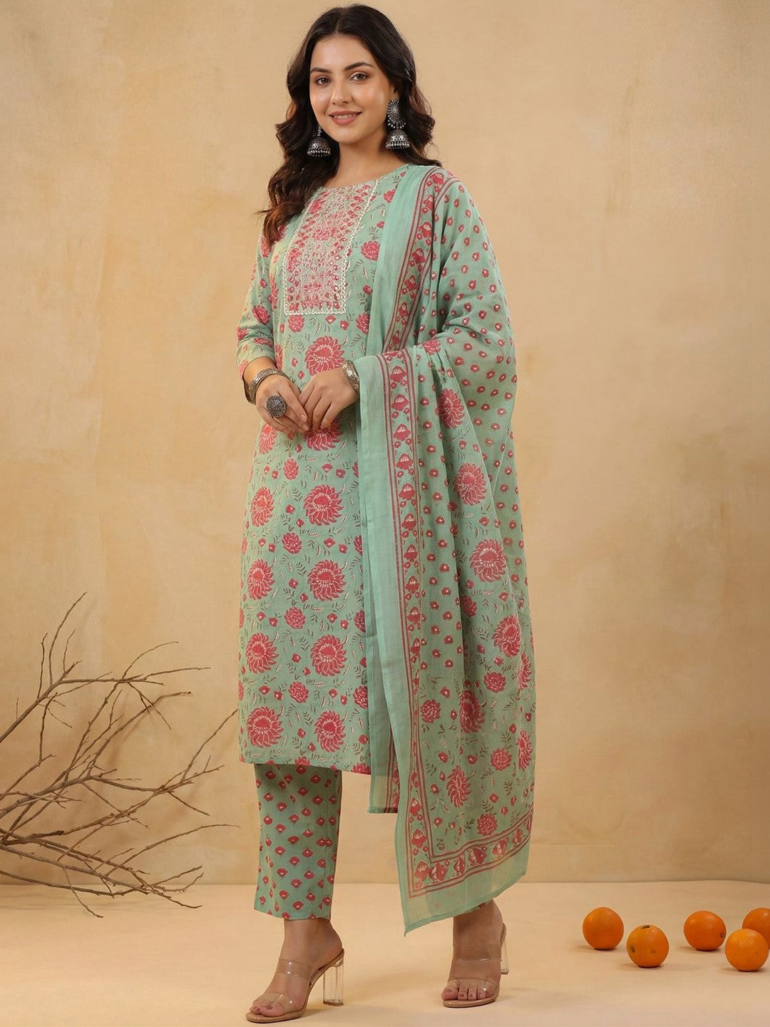 Women Floral Printed Regular Mirror Work Kurta with Trousers & With Dupatta