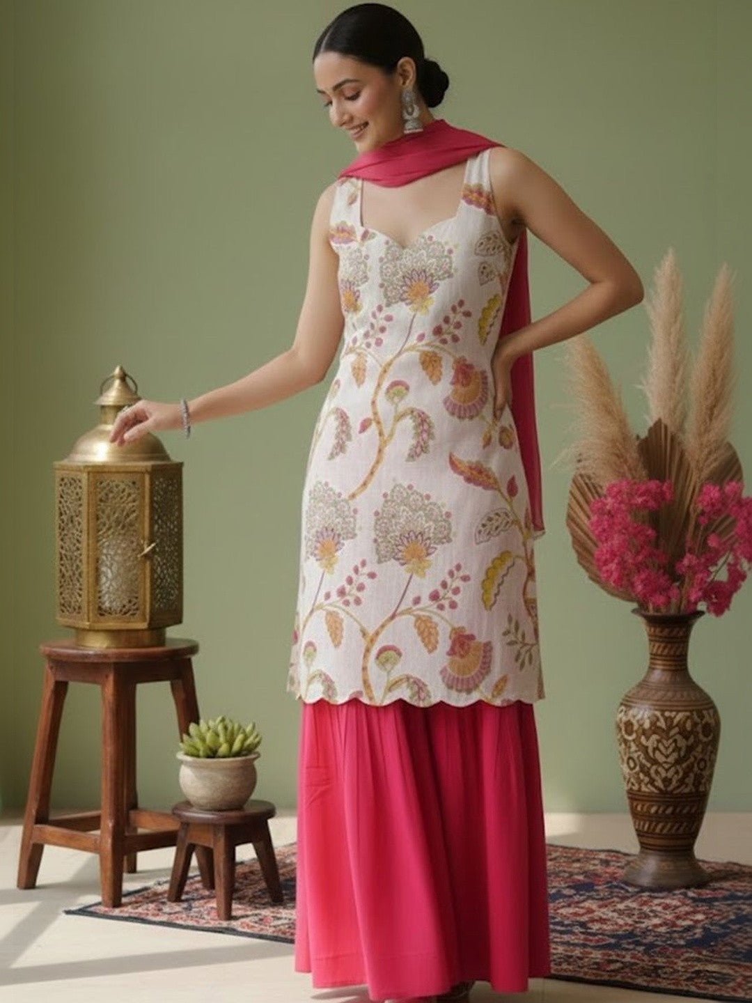 Printed Pure Cotton Sweetheart Neck Kurta & Sharara With Dupatta