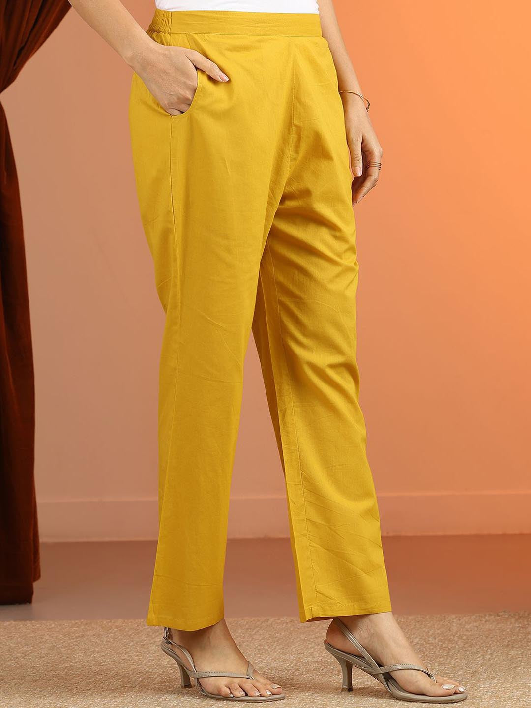 Womens Mustard Printed Cotton Anarkali Kurta With Trousers & Dupatta